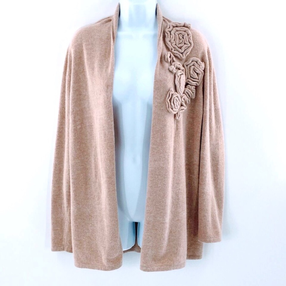Cynthia Rowley Cardigan Sweater Tan Angora Blend Open Front Fuzzy Sz L